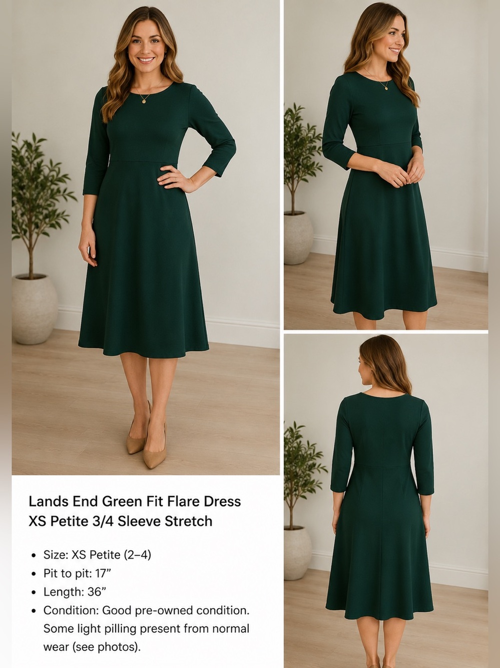 Lands End Green Fit Flare Dress XS Petite 3/4 Sleeve Stretch